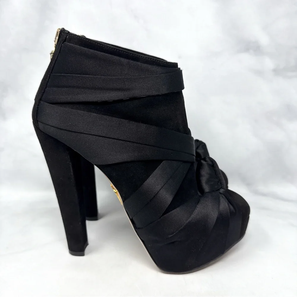 Charlotte Olympia Satin Wrap Turban Knot Suede Platform Block Heel Ankle Boot 37